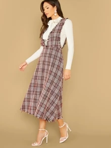 SHEIN Đầm Dây kéo Sọc ca rô Nhiều màu Tao nhã - Nhiều màu - Xem 3