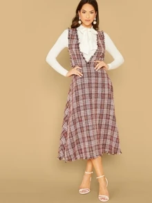 SHEIN Đầm Dây kéo Sọc ca rô Nhiều màu Tao nhã - Nhiều màu - Xem 1