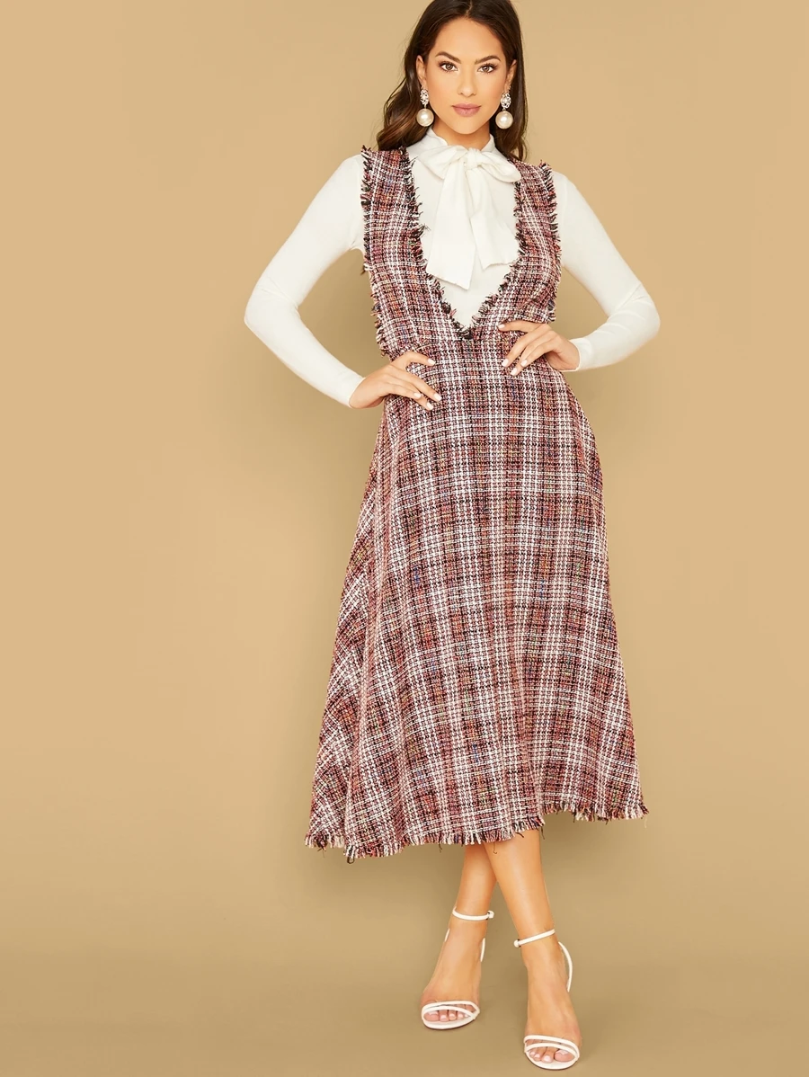 SHEIN Đầm Dây kéo Sọc ca rô Nhiều màu Tao nhã - Nhiều màu - Xem 1