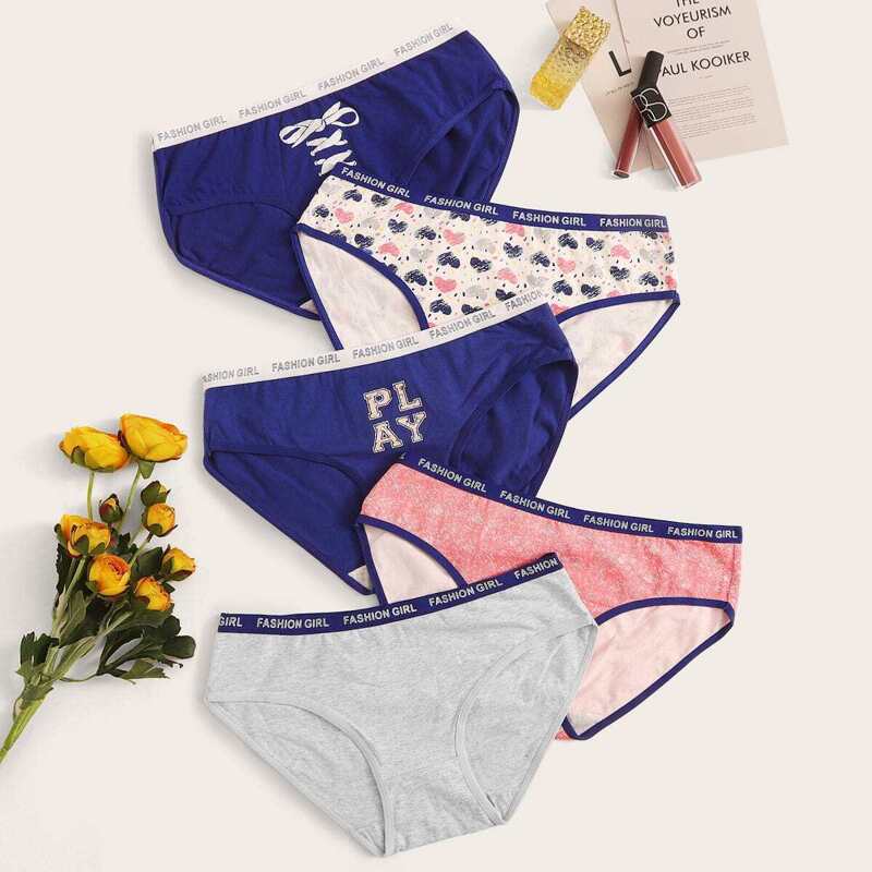 

Letter & Heart Print Contrast Binding Panty Set 5pack, Multicolor