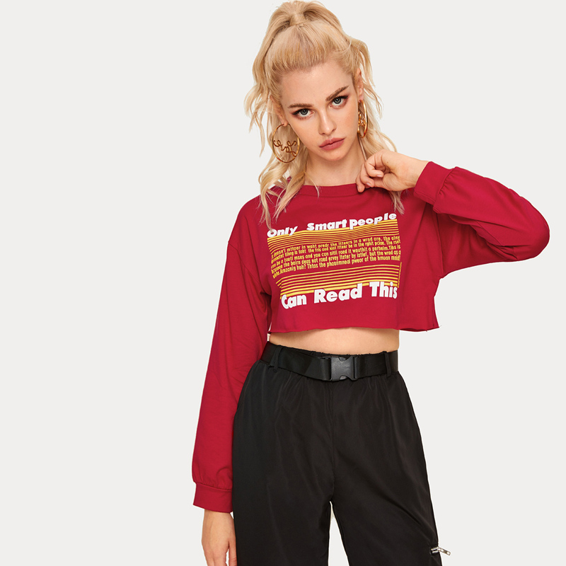 

Slogan & Stripe Print Crop Sweatshirt, Red