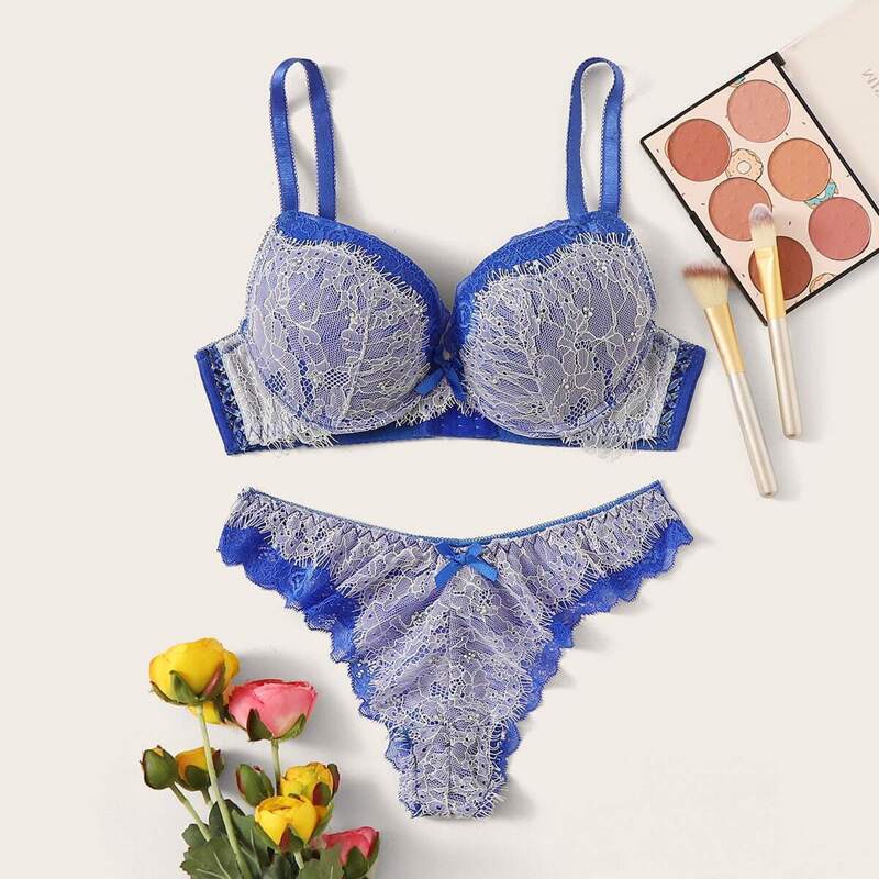 

Floral Lace Sheer Underwire Lingerie Set, Blue