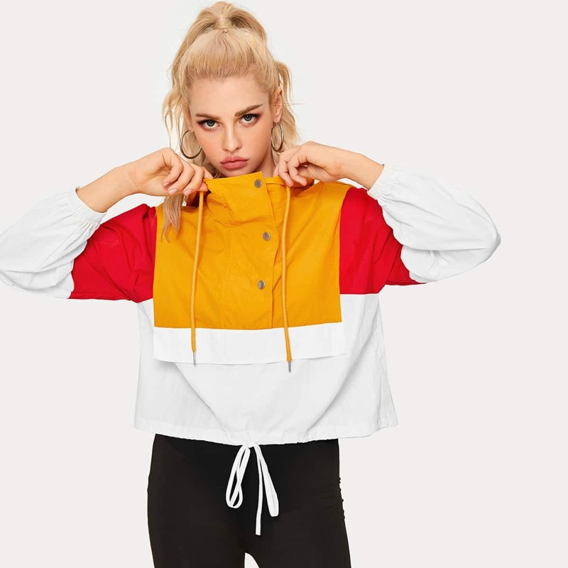 

Cut And Sew Drawstring Hooded Windbreaker Jacket, Multicolor