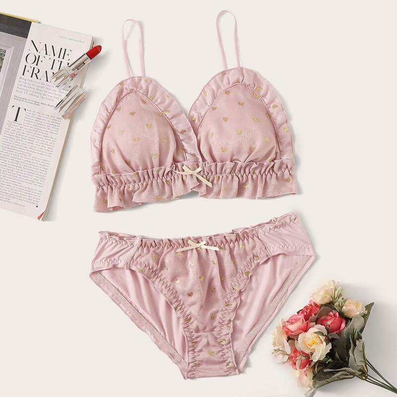 

Heart Print Frill Trim Lingerie Set, Pink pastel