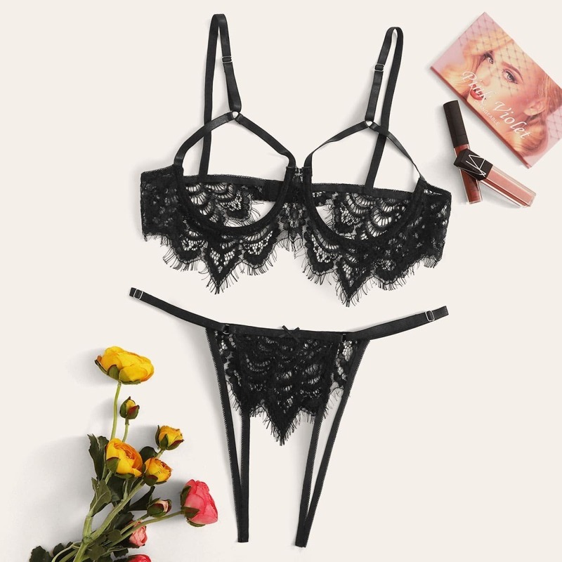 

Floral Lace Sheer Underwire Lingerie Set, Black