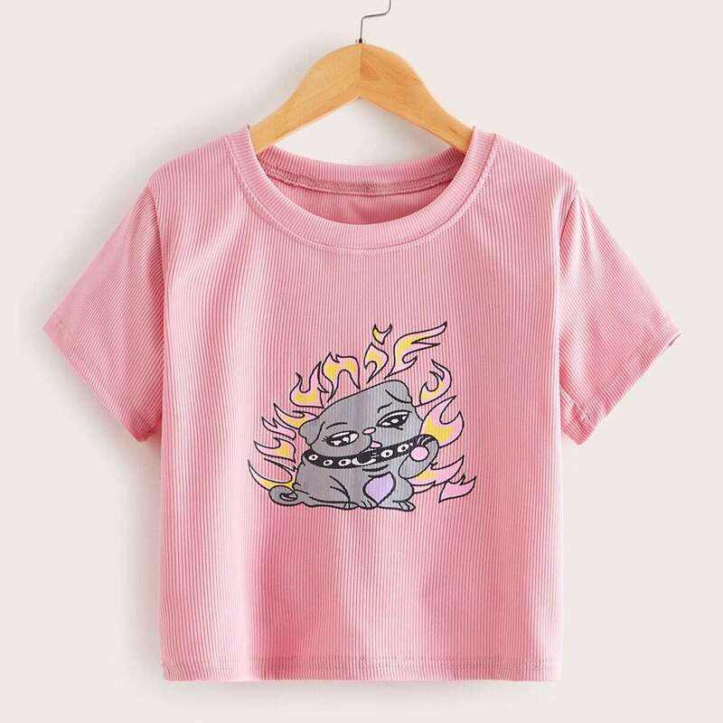 

Cartoon Graphic Rib-knit Crop Tee, Baby pink