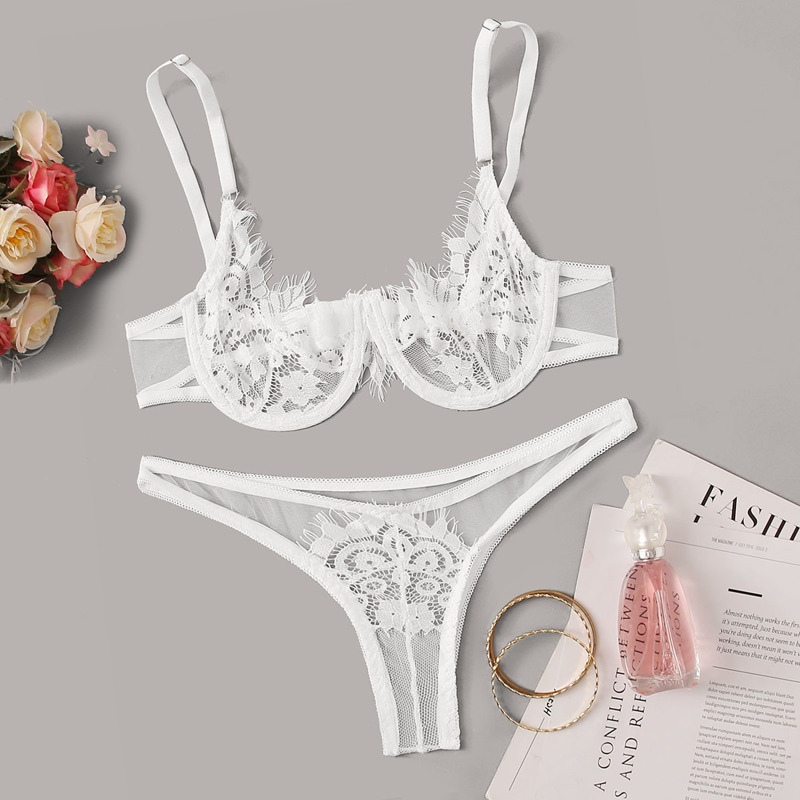 

Floral Lace Sheer Underwire Lingerie Set, White