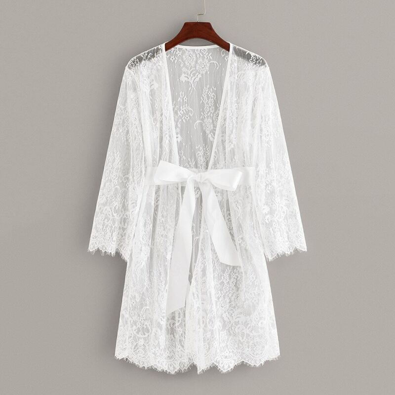 

Floral Lace Sheer Robe With Belt, White