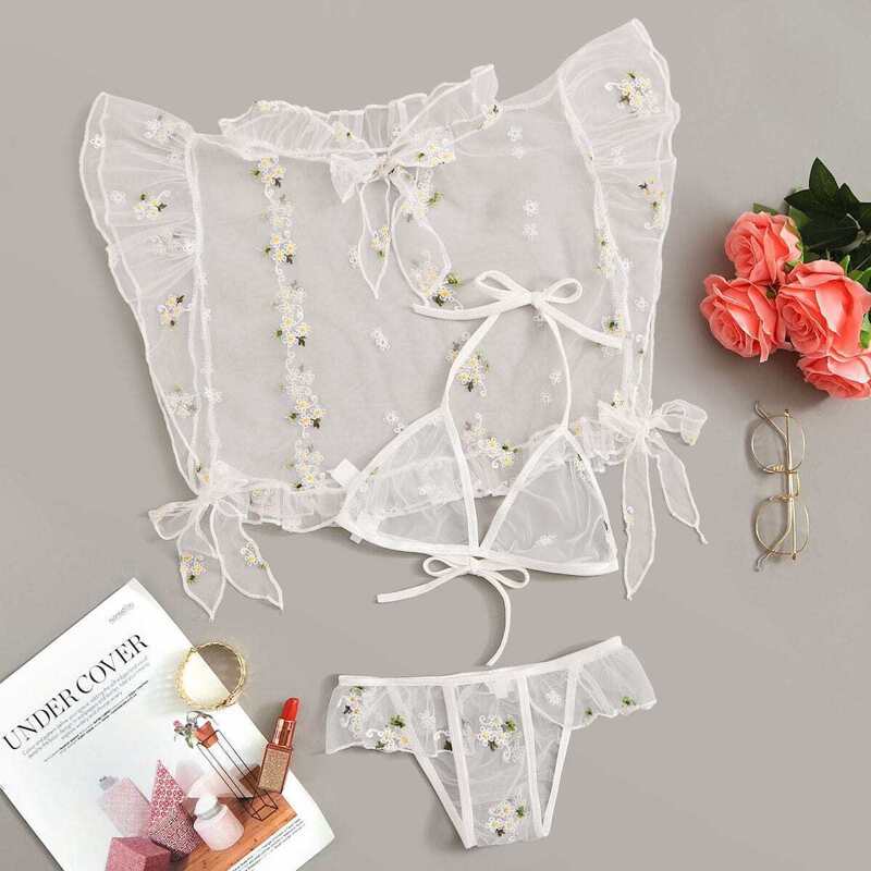 

Floral Embroidery Sheer Lingerie Set 3pack, White