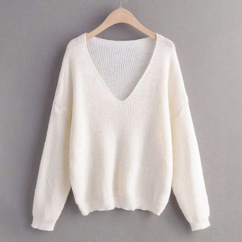 

Solid V-Neck Drop Shoulder Sweater, Beige