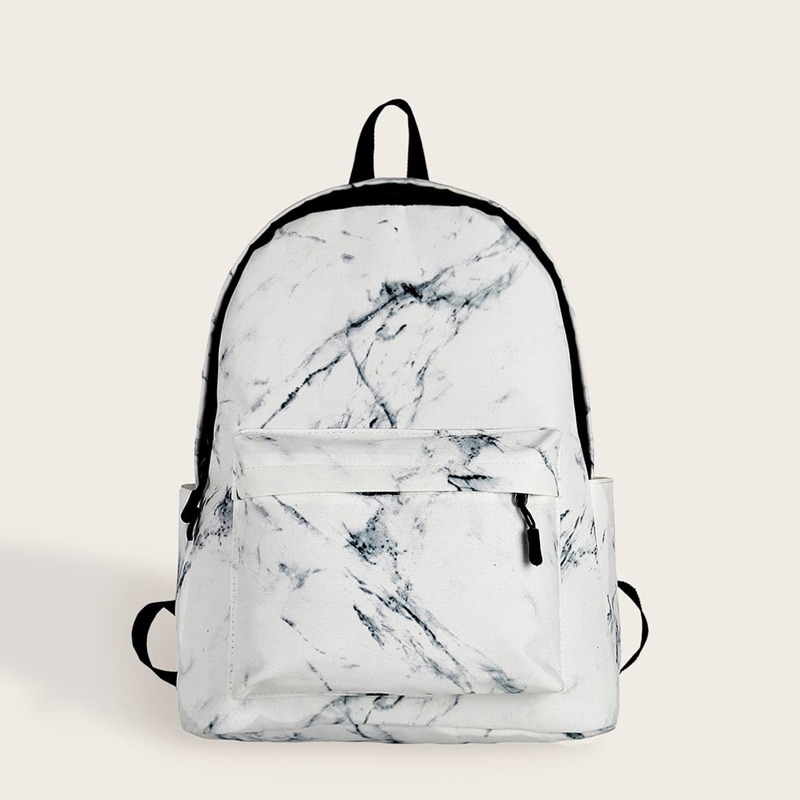 

Marble Print Pocket Front Backpack, White