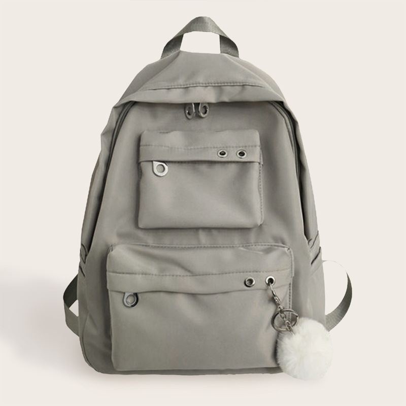 

Pom Pom Decor Pocket Front Backpack, Grey