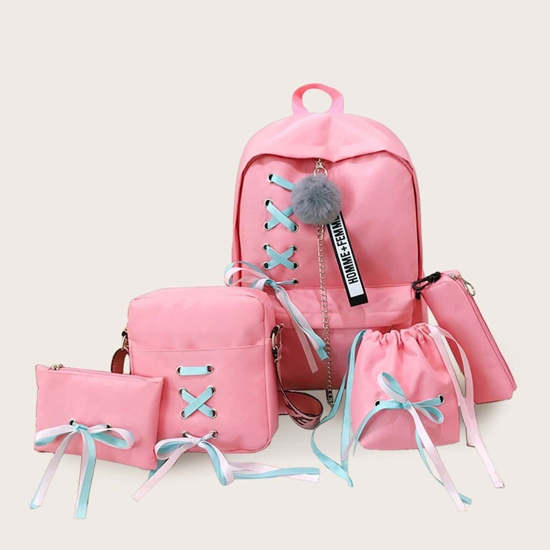 

Lace-up Front Backpack With Pencil Case 5pcs, Pink