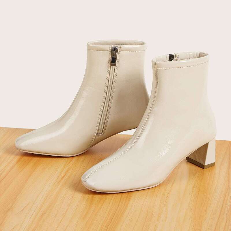 

Side Zip Chunky Heeled Ankle Boots, Beige