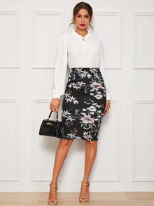SHEIN Clasi Botanical Print Pencil Skirt - Black - View 5