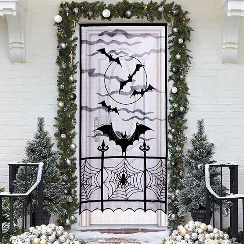 

Halloween Bat & Spider Web Print Lace Curtain, Black and white
