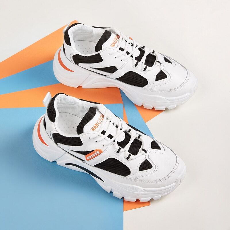 

Guys Contrast Lace-up Front Chunky Sole Sneakers, Black and white