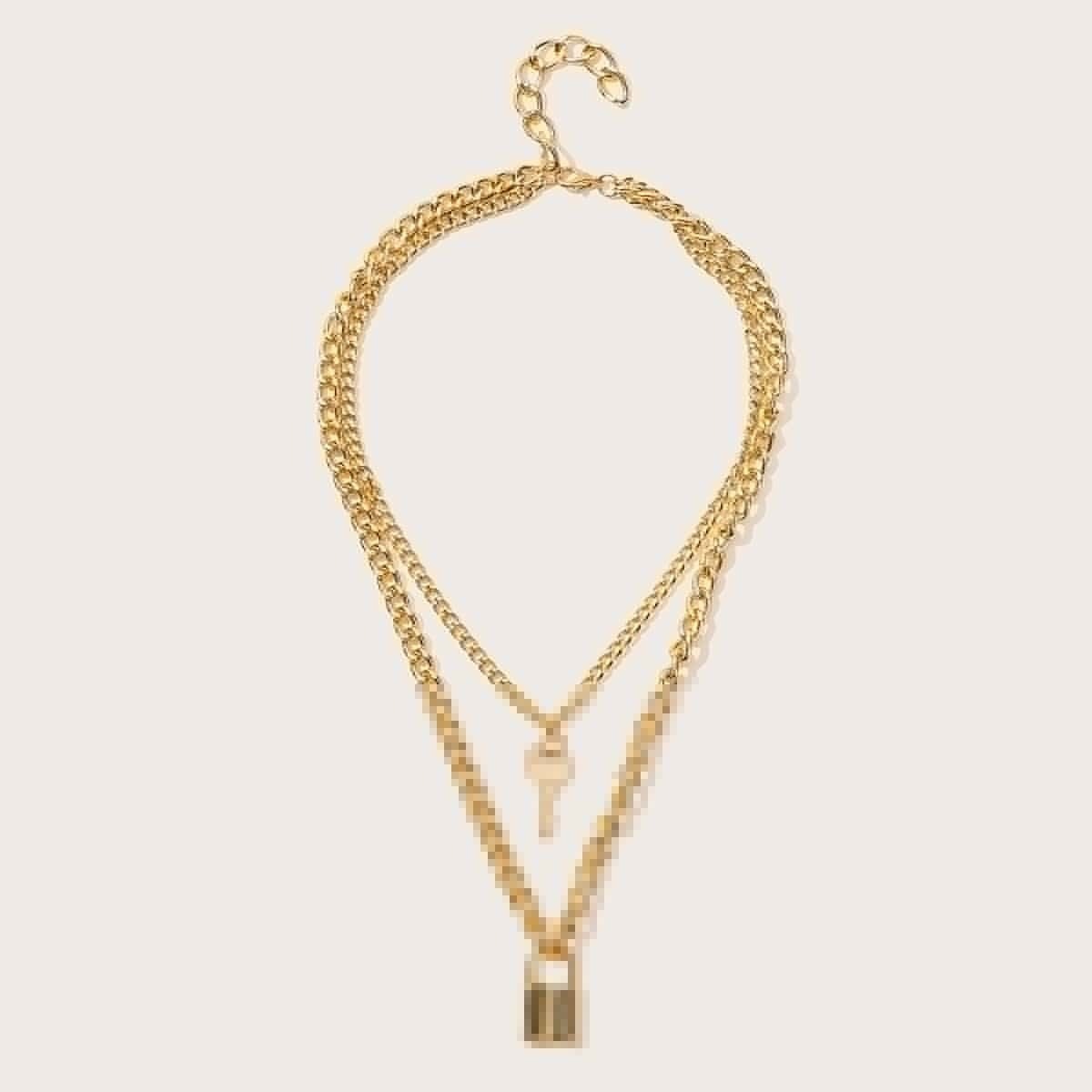 

Lock & Key Pendant Multi-layer Chain Necklace, Gold