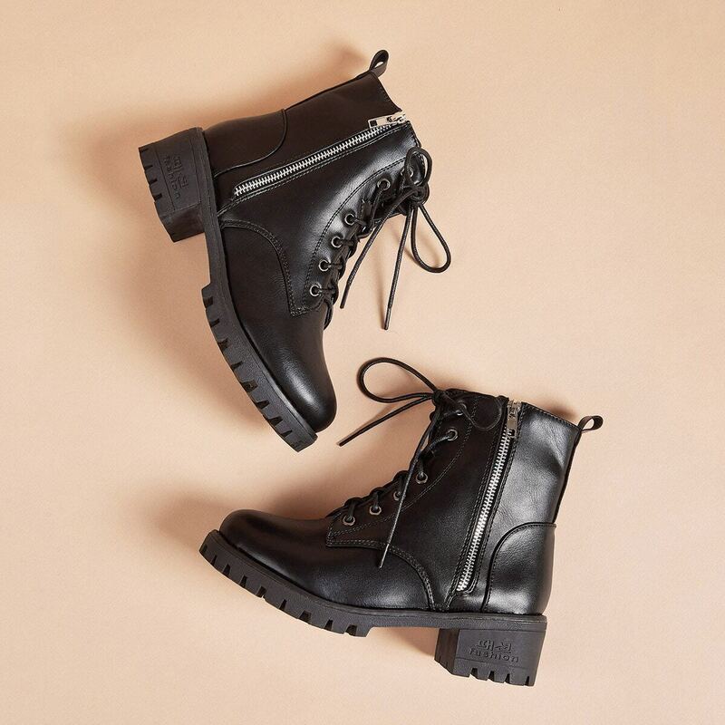 

Lace-up Side Zipper Lug Sole Combat Boots, Black