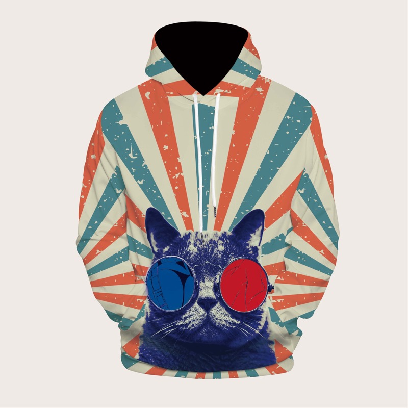 

Guys Cat Print Stripe Drawstring Hoodie, Multicolor