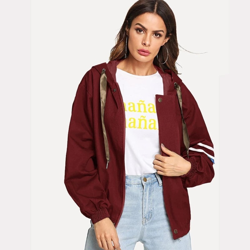 

Varsity Striped Drawstring Hooded Jacket, Burgundy
