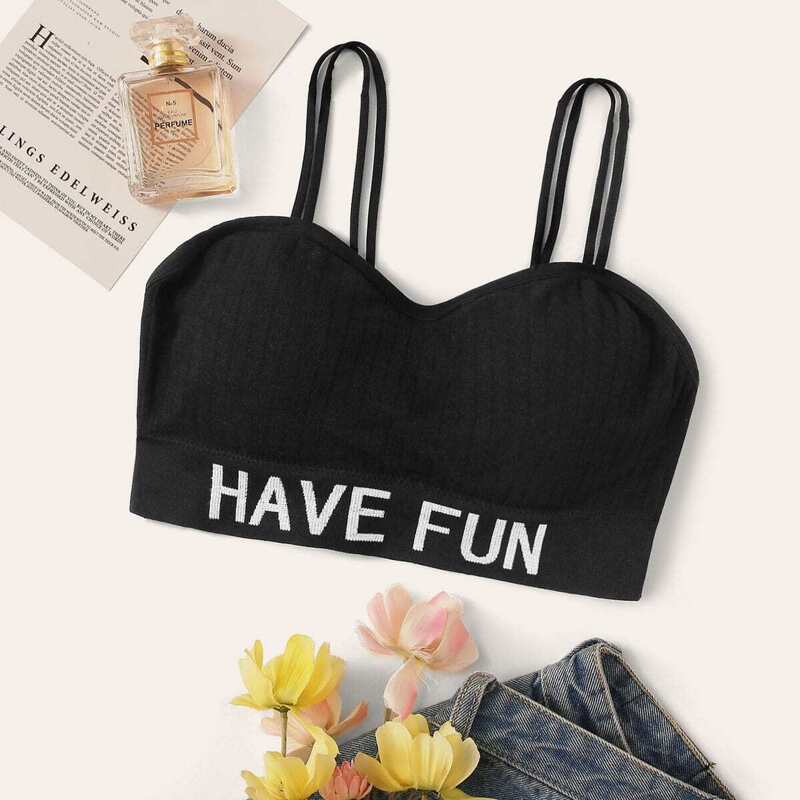 

Letter Print Rib Bralette, Black