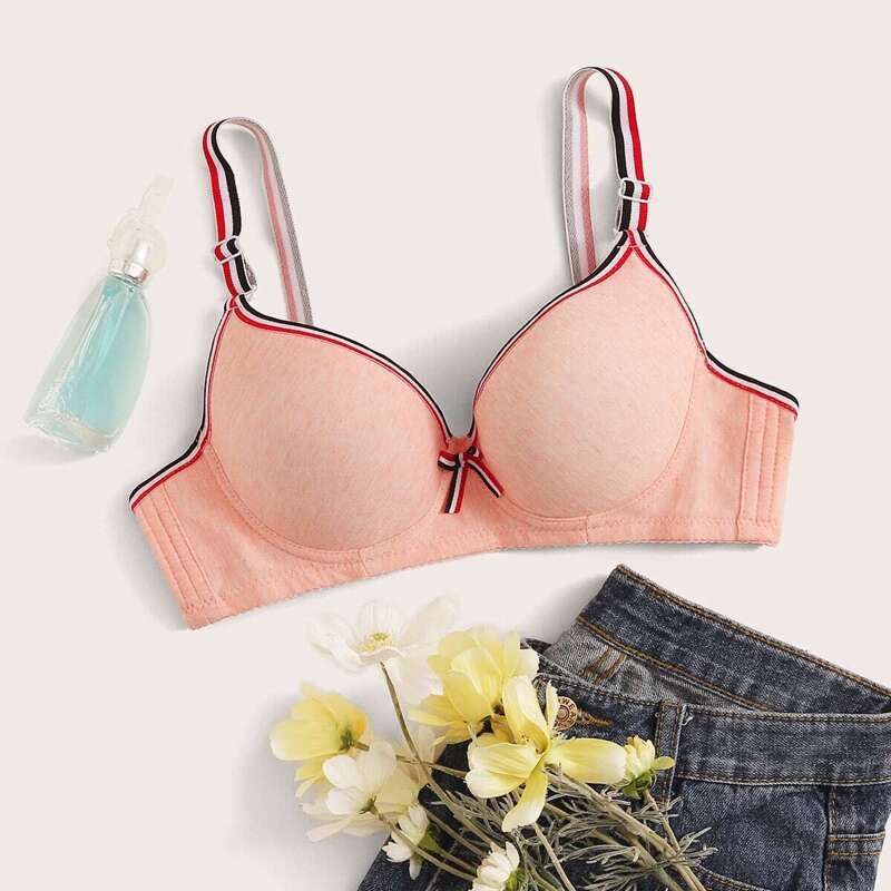 

Striped Trim Underwire Bra, Pink