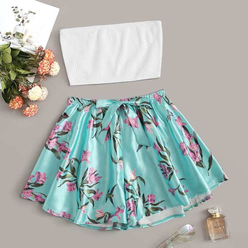 

Rib Bandeau With Floral Satin Shorts PJ Set, Multicolor