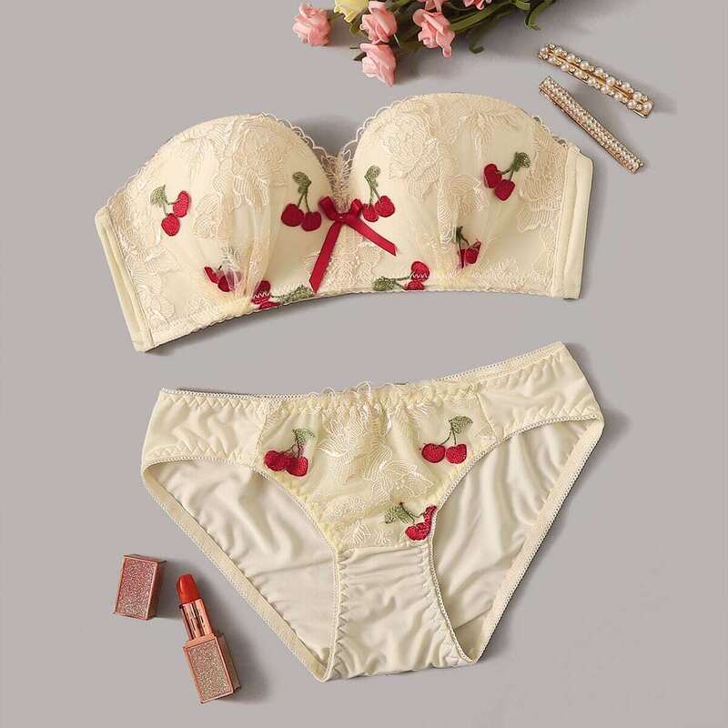 

Cherry Embroidered Floral Lace Lingerie Set, Gold