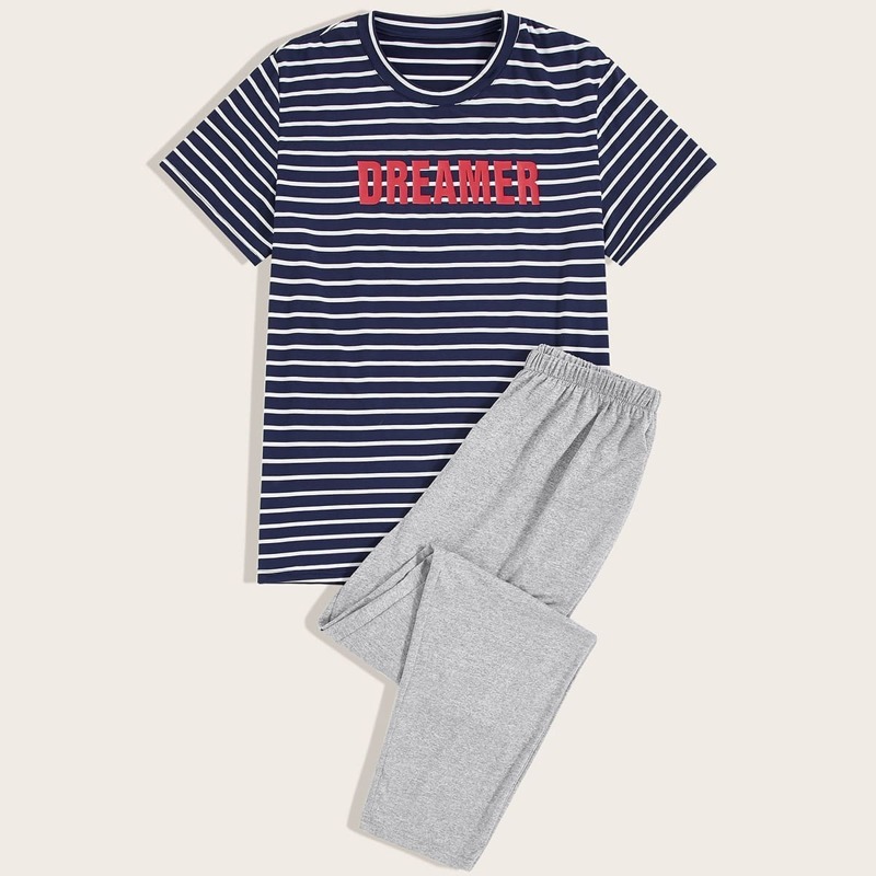 

Guys Letter & Stripe Print Tee & Pants PJ Sets, Multicolor