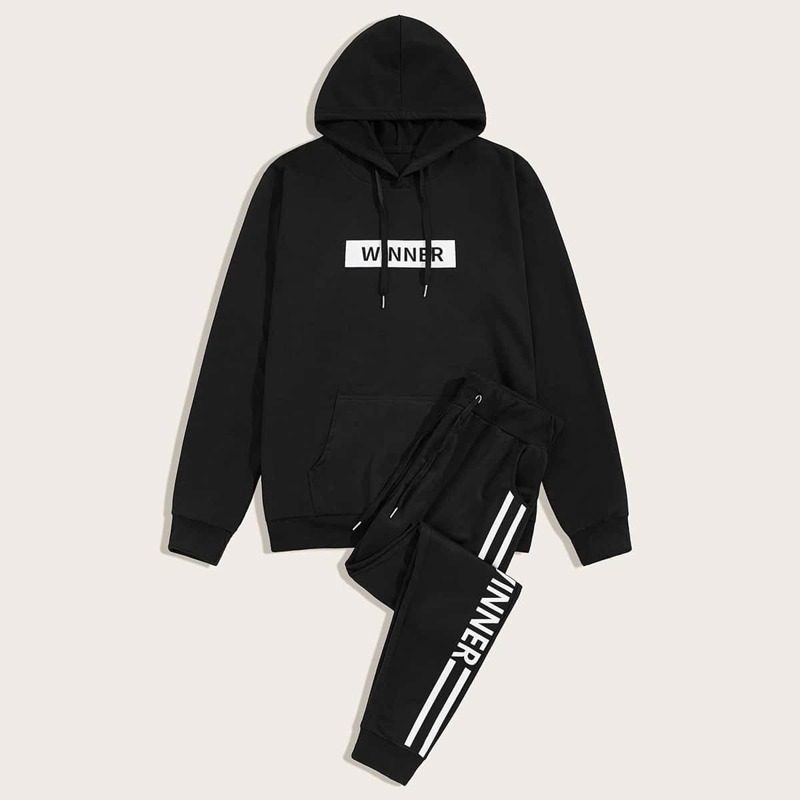 

Guys Letter Print Drawstring Hoodie & Sweatpants, Black