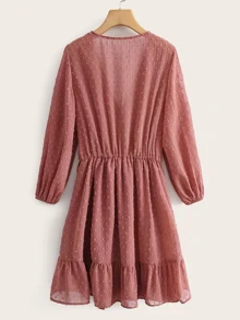 Swiss Dot Knot Side Ruffle Hem Dress - Burgundy - View 2