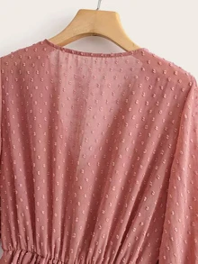 Swiss Dot Knot Side Ruffle Hem Dress - Burgundy - View 4