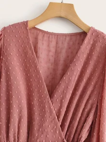 Swiss Dot Knot Side Ruffle Hem Dress - Burgundy - View 5