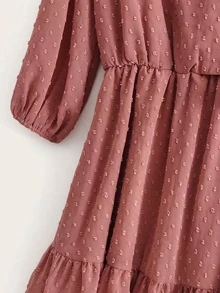 Swiss Dot Knot Side Ruffle Hem Dress - Burgundy - View 6