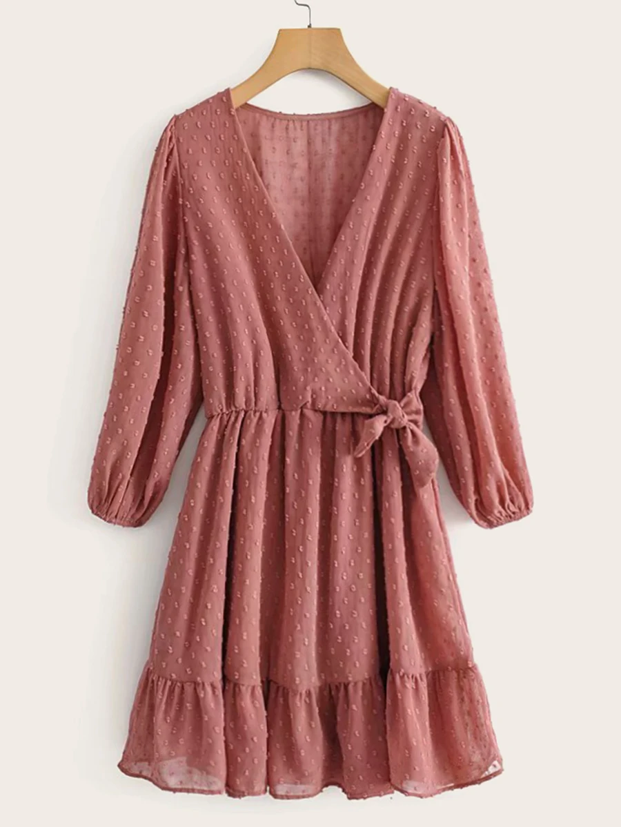 Swiss Dot Knot Side Ruffle Hem Dress - Burgundy - View 1