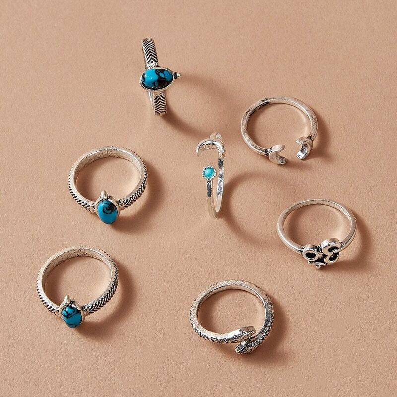 

Turquoise Decor Ring 7pcs, Silver