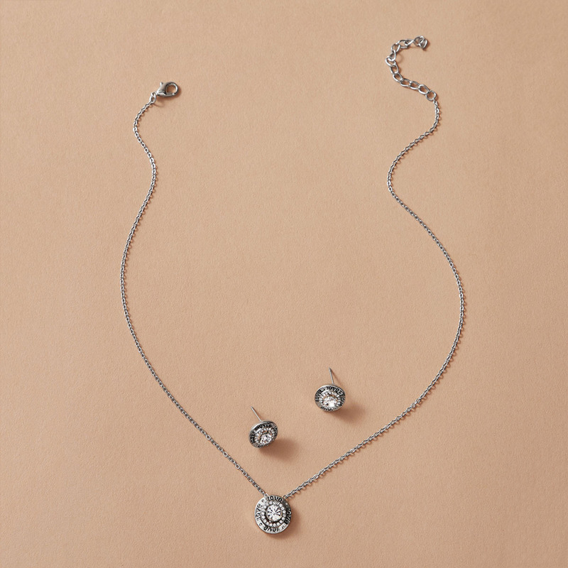 

Rhinestone Engraved Round Charm Necklace & Earrings 3pcs