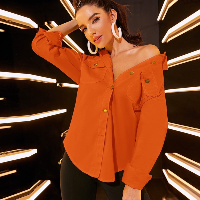 

Neon Orange Flap Pocket Denim Blouse, Orange bright