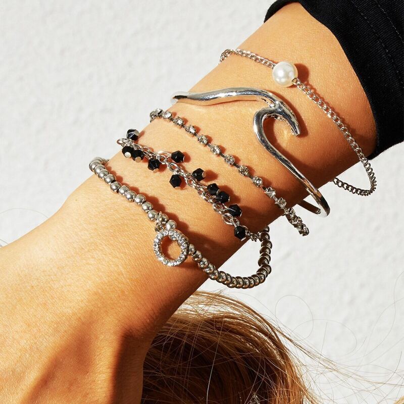 

Faux Pearl & Rhinestone Bracelet 5pcs, Silver
