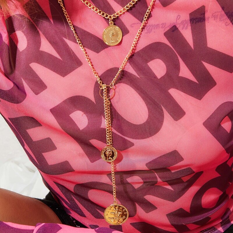 

Figure Engraved Disc Charm Layered Lariat Necklace 1pc, Gold