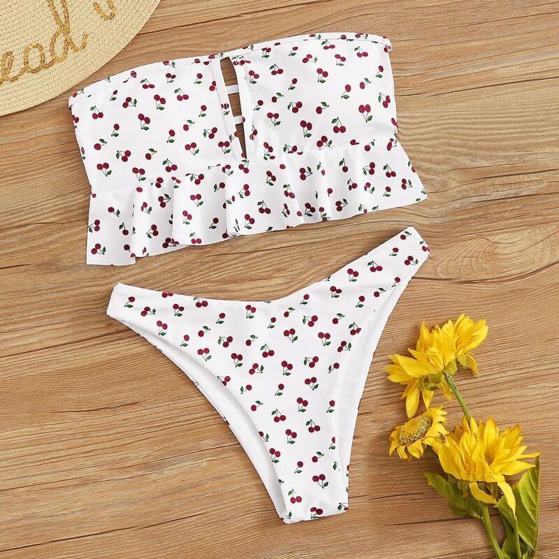 

Random Cherry Print Ruffle Hem Bandeau Bikini Set, White