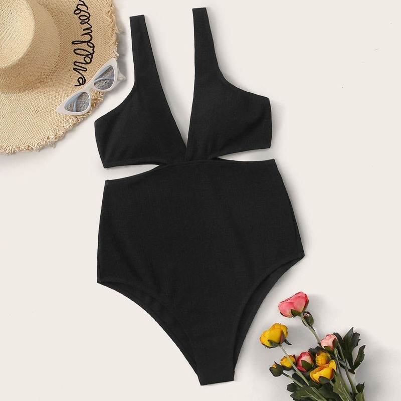 

Cut Out Plunging One Piece Swimwear, Black