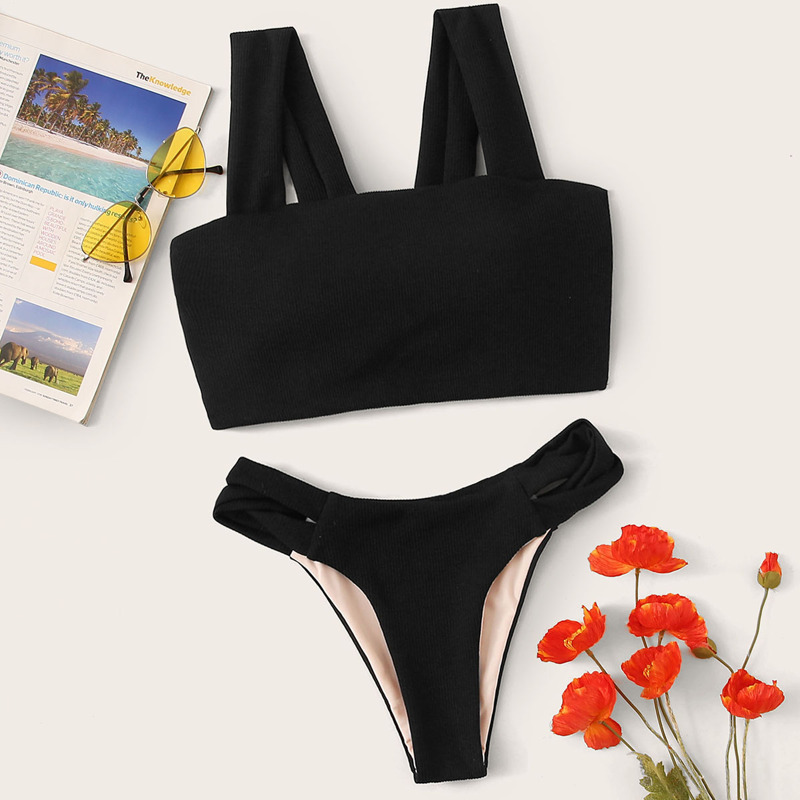 

Textured Thick Strap Top With High Cut Bikini, Black