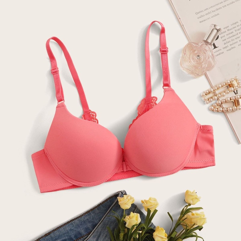 

Contrast Lace Adjustable Strap Underwire Bra, Pink