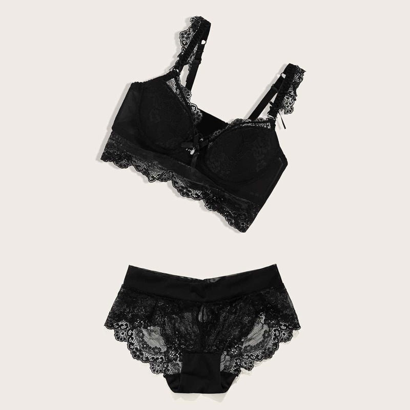 

Floral Lace Sheer Underwire Lingerie Set, Black
