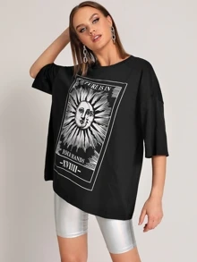 Camiseta con estampado de cómic y letra - Negro - Ver 4