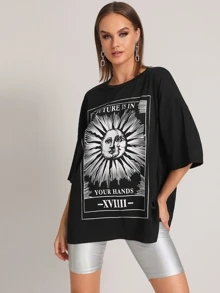 Camiseta con estampado de cómic y letra - Negro - Ver 1