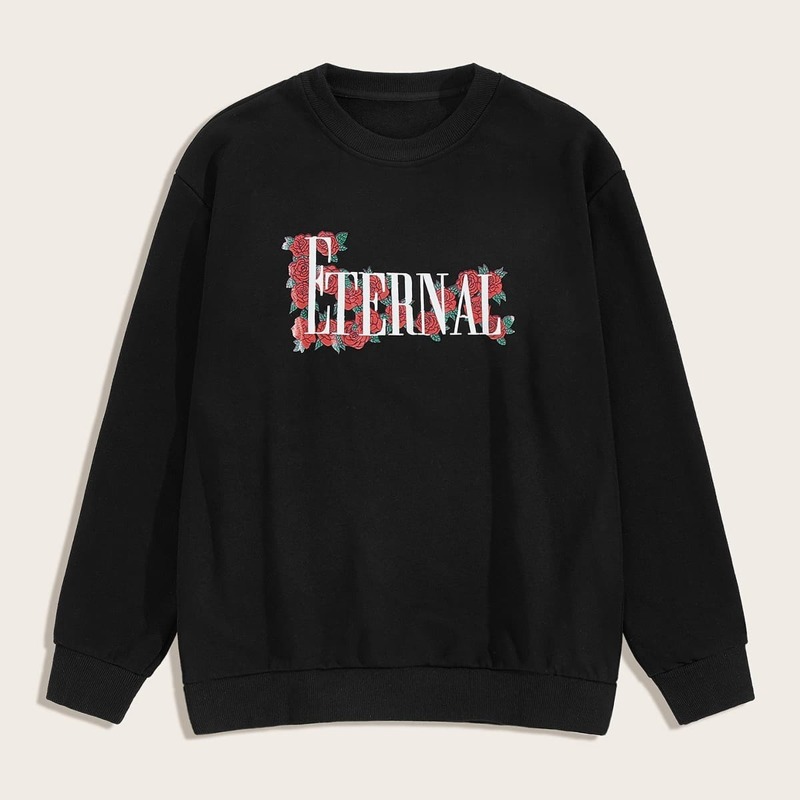 

Guys Letter & Floral Print Sweatshirt, Black