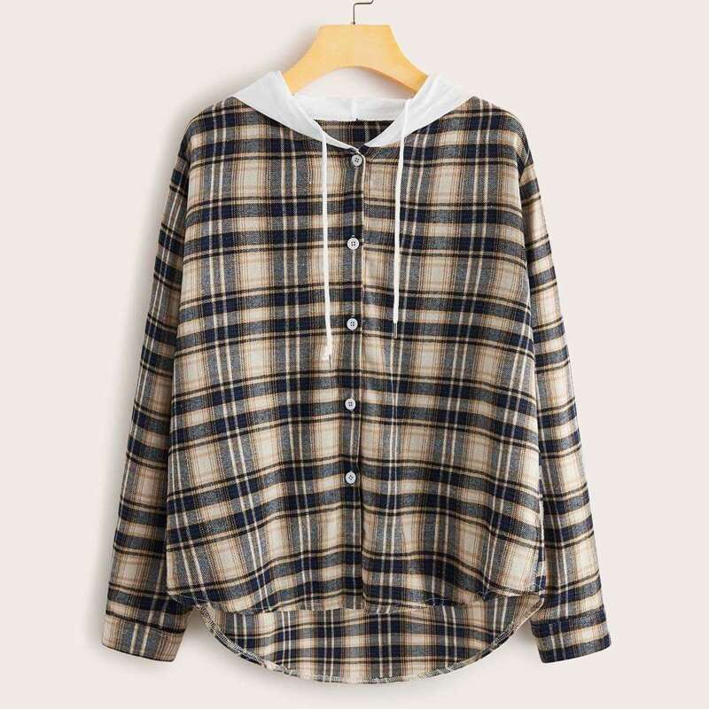 

Plaid Button Through Hooded Blouse, Multicolor